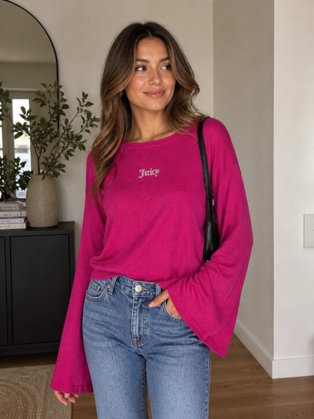 Juicy Couture Free Love Crop Sweater Large Pink Rhinestone Bell Sleeves H